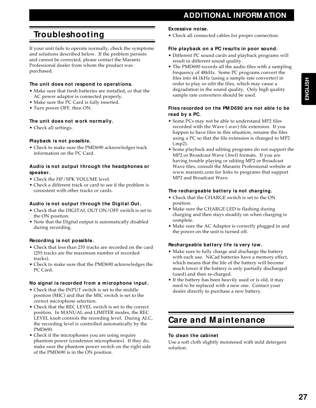 Marantz PMD690 manual Troubleshooting, Care and Maintenance 