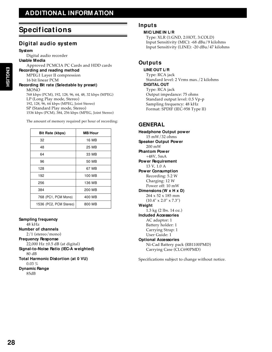 Marantz PMD690 manual Specifications, Inputs, Digital audio system, Outputs 