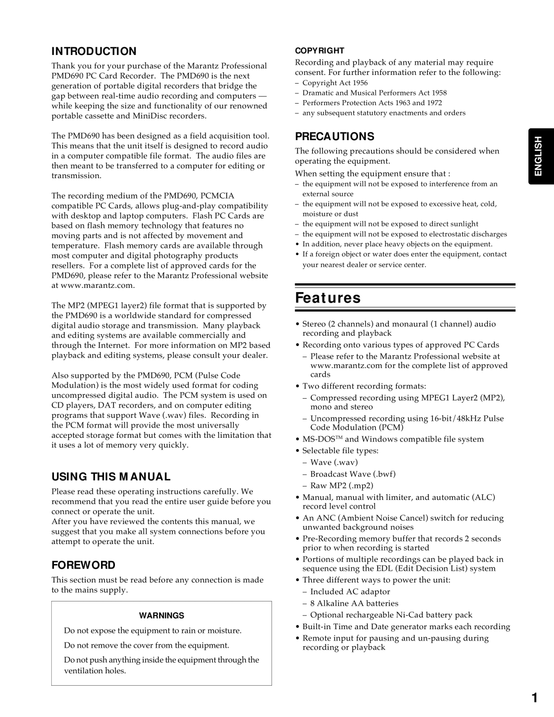 Marantz PMD690 manual Features, Introduction 