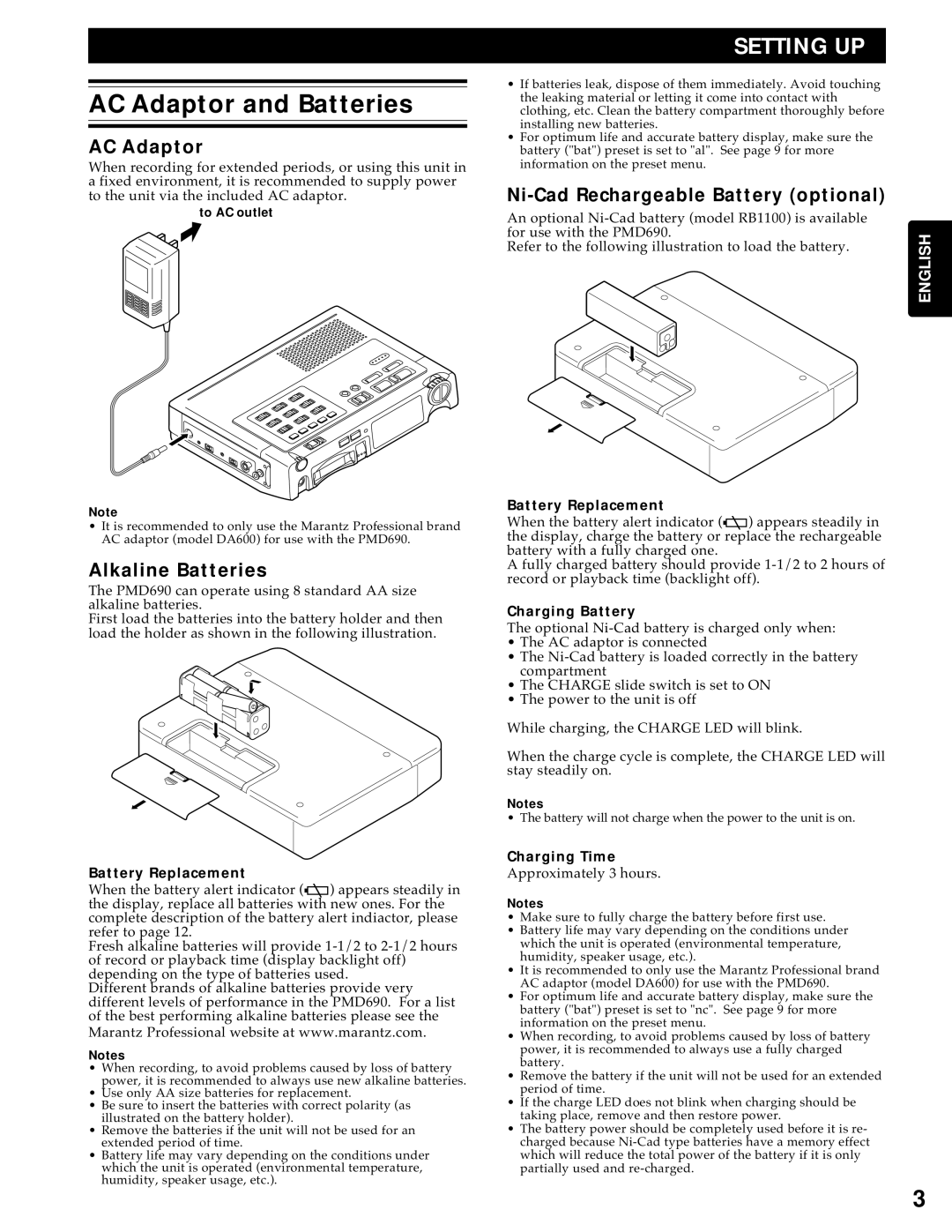 Marantz PMD690 manual AC Adaptor and Batteries, Alkaline Batteries, Ni-Cad Rechargeable Battery optional 