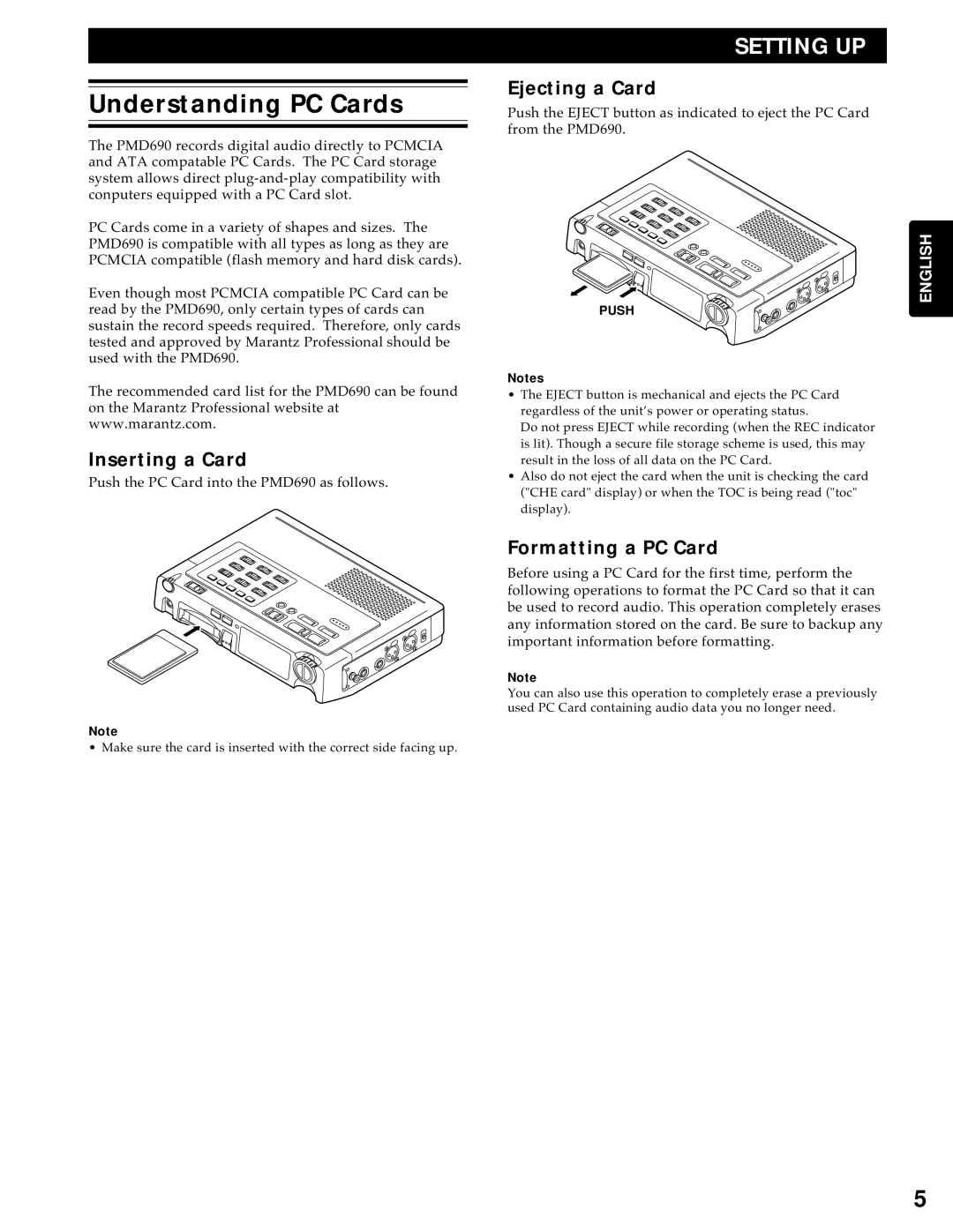 Marantz PMD690 manual Understanding PC Cards, Ejecting a Card, Inserting a Card, Formatting a PC Card 