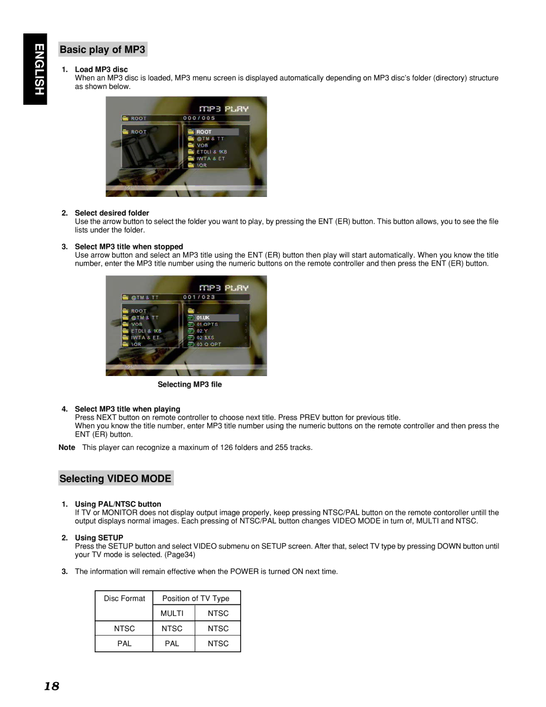 Marantz PMD910 manual Basic play of MP3, Selecting Video Mode 