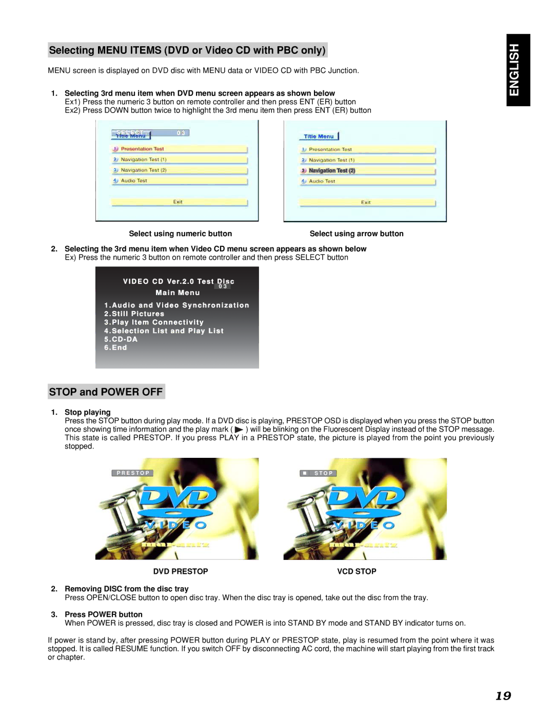 Marantz PMD910 manual Selecting Menu Items DVD or Video CD with PBC only, Stop and Power OFF, DVD Prestop VCD Stop 