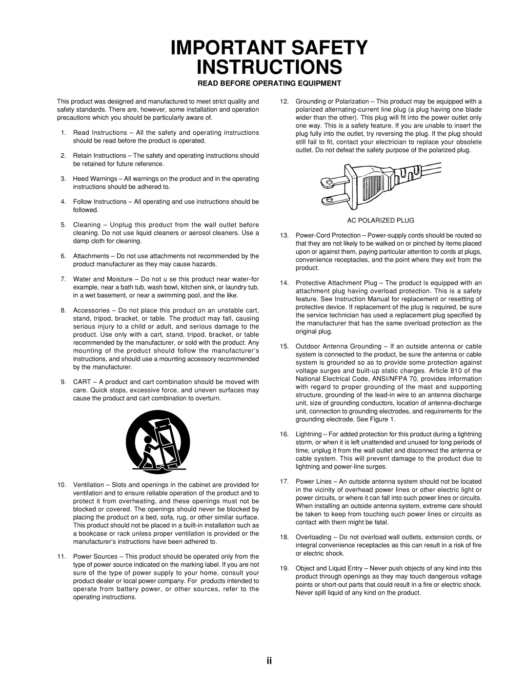 Marantz PMD910 manual Important Safety Instructions, Read Before Operating Equipment 