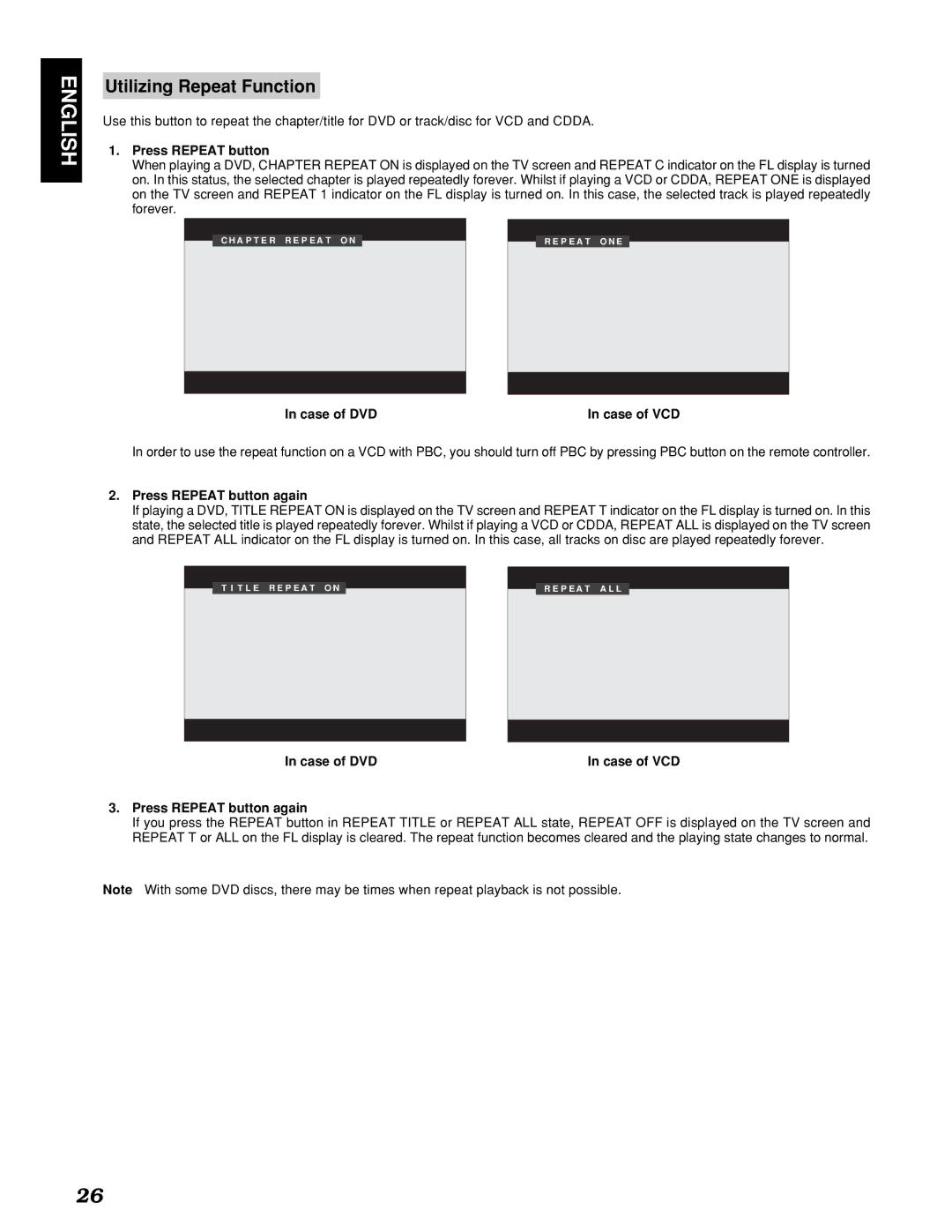 Marantz PMD910 manual Utilizing Repeat Function, Case of DVD Case of VCD, Press Repeat button again 