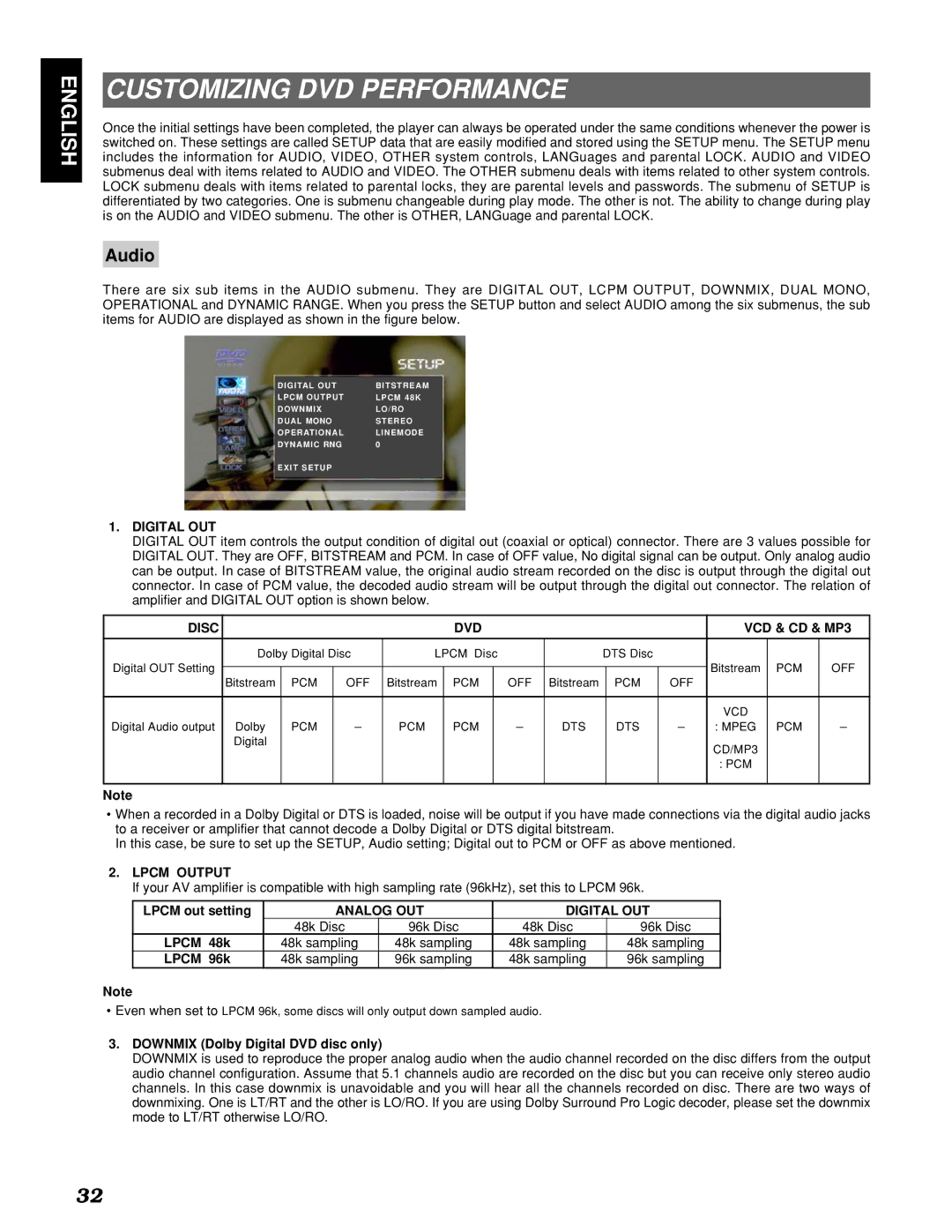 Marantz PMD910 manual Customizing DVD Performance, Disc DVD, Lpcm Output, Analog OUT Digital OUT 