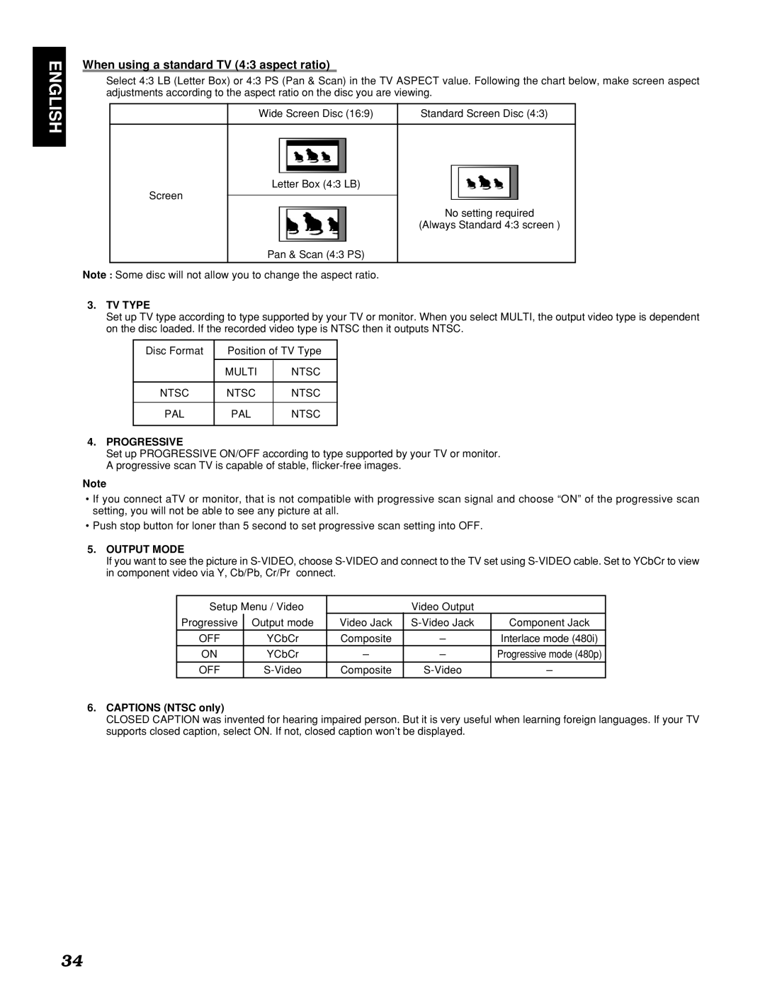 Marantz PMD910 manual When using a standard TV 43 aspect ratio, TV Type, Progressive, Output Mode, Captions Ntsc only 