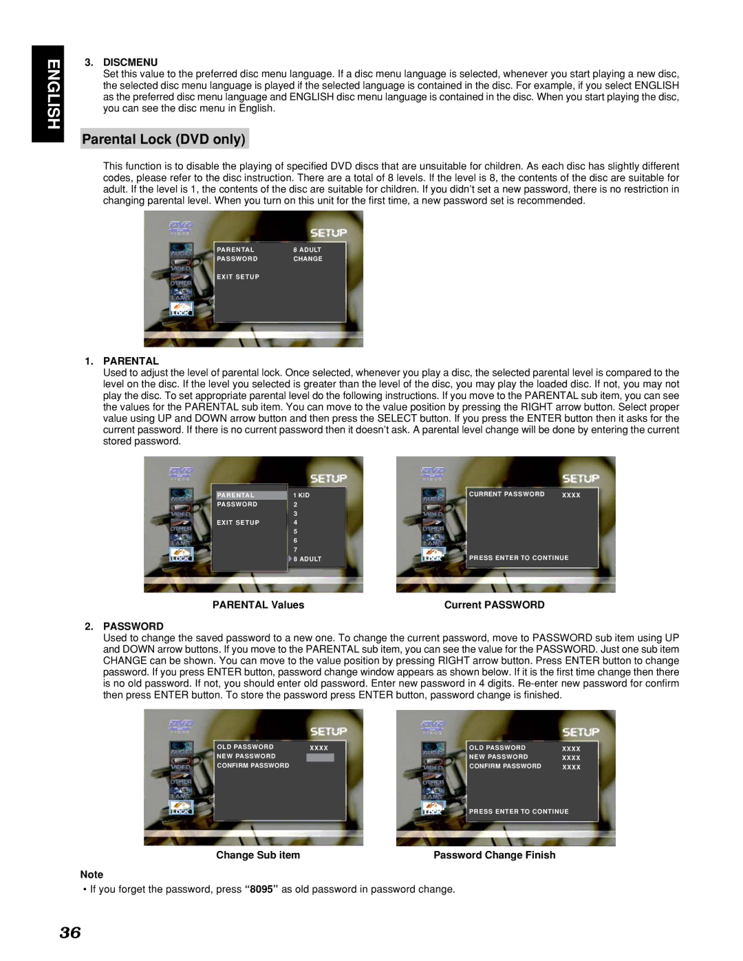 Marantz PMD910 manual Parental Lock DVD only, Discmenu, Parental Values Current Password 