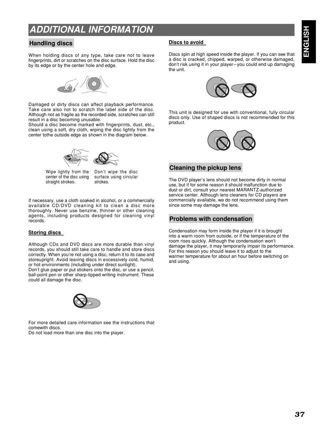 Marantz PMD910 manual Additional Information, Handling discs, Cleaning the pickup lens, Problems with condensation 