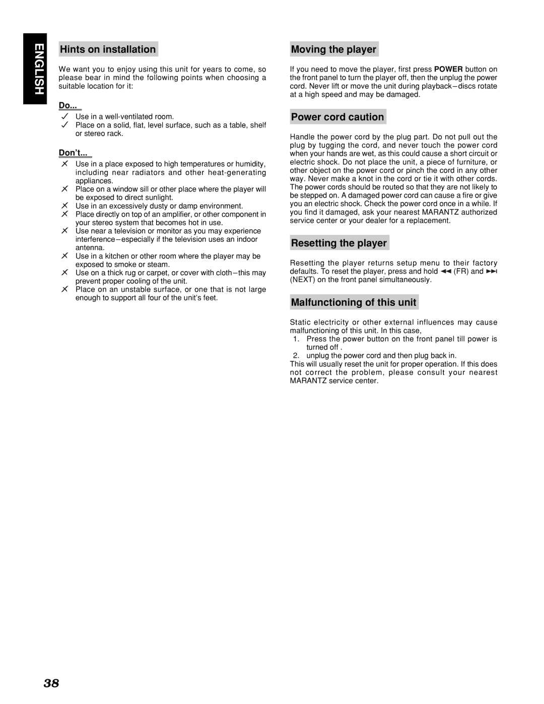 Marantz PMD910 manual Hints on installation, Moving the player, Power cord caution, Resetting the player 