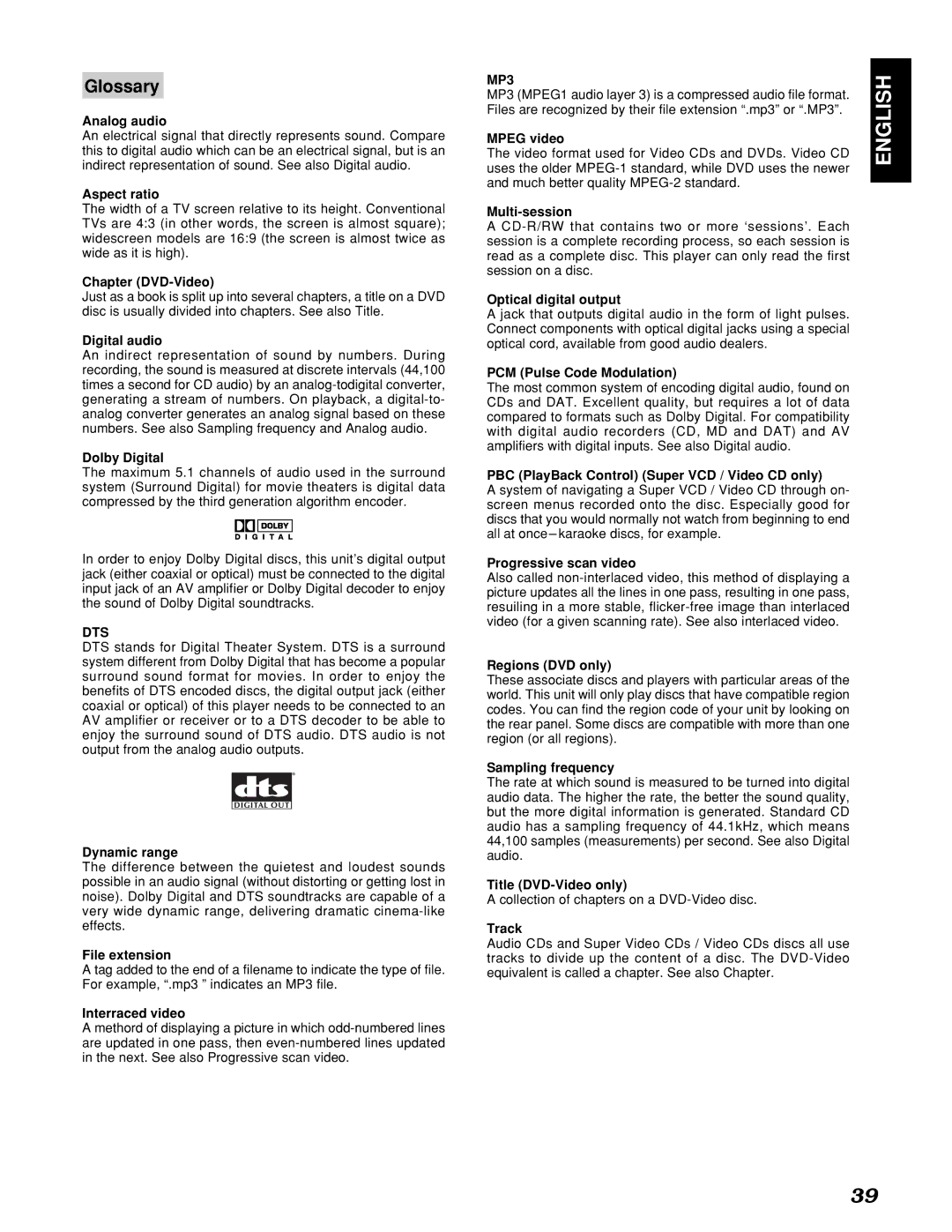 Marantz PMD910 manual Glossary, Dts, MP3 