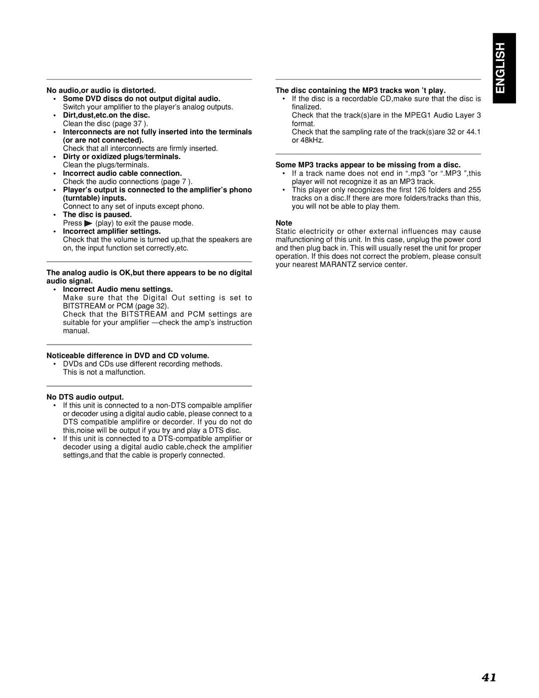 Marantz PMD910 manual Disc is paused, Incorrect amplifier settings, No DTS audio output 