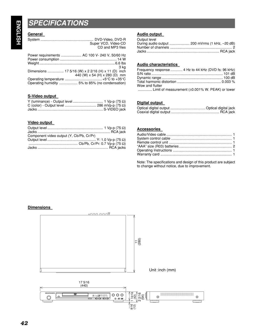 Marantz PMD910 manual Specifications 