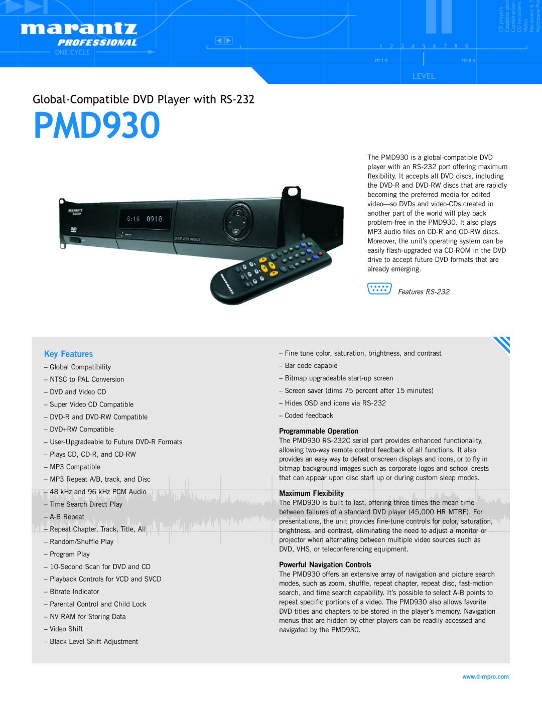 Marantz PMD930 RS-232C manual Programmable Operation, Maximum Flexibility, Powerful Navigation Controls, Key Features 