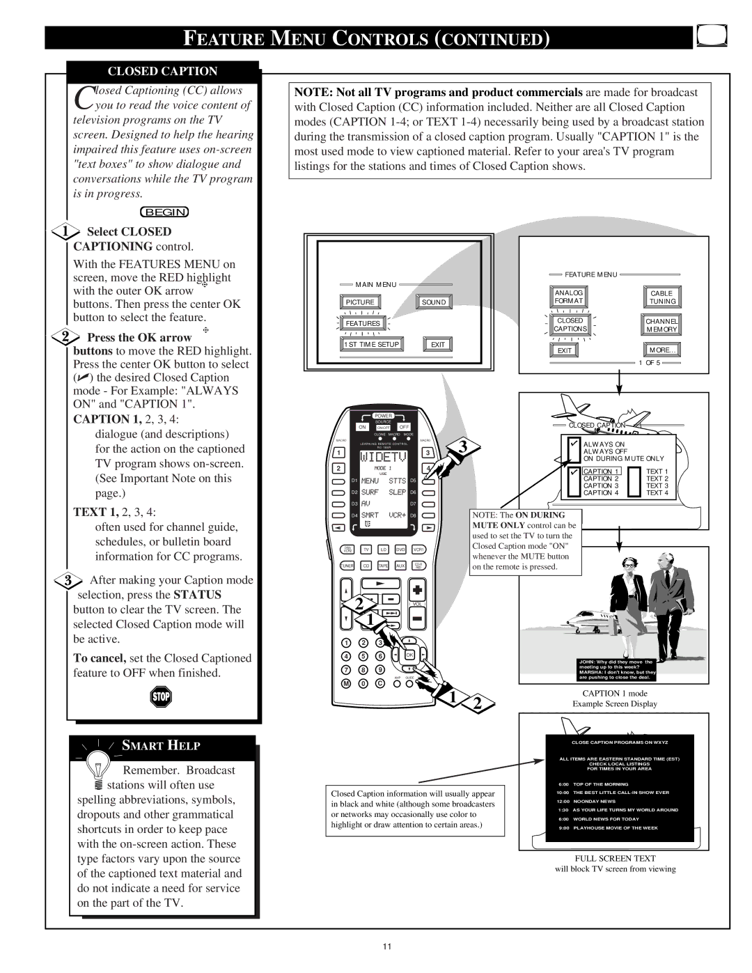 Marantz PV6080, PV5580 manual Feature Menu Controls, Select Closed Captioning control, Text 1, 2, 3, Full Screen Text 