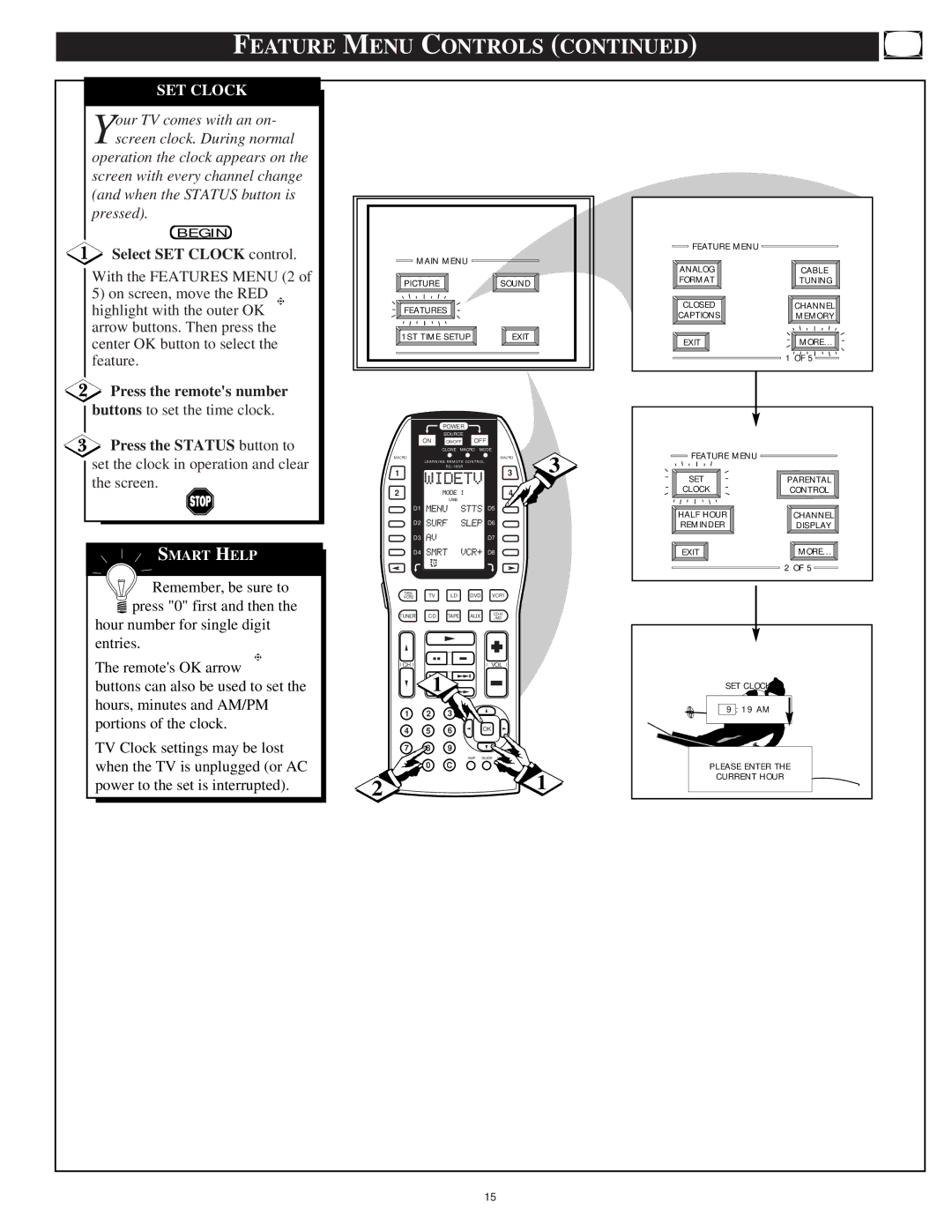 Marantz PV6080, PV5580 manual Select SET Clock control, Press the remotes number, Buttons to set the time clock 