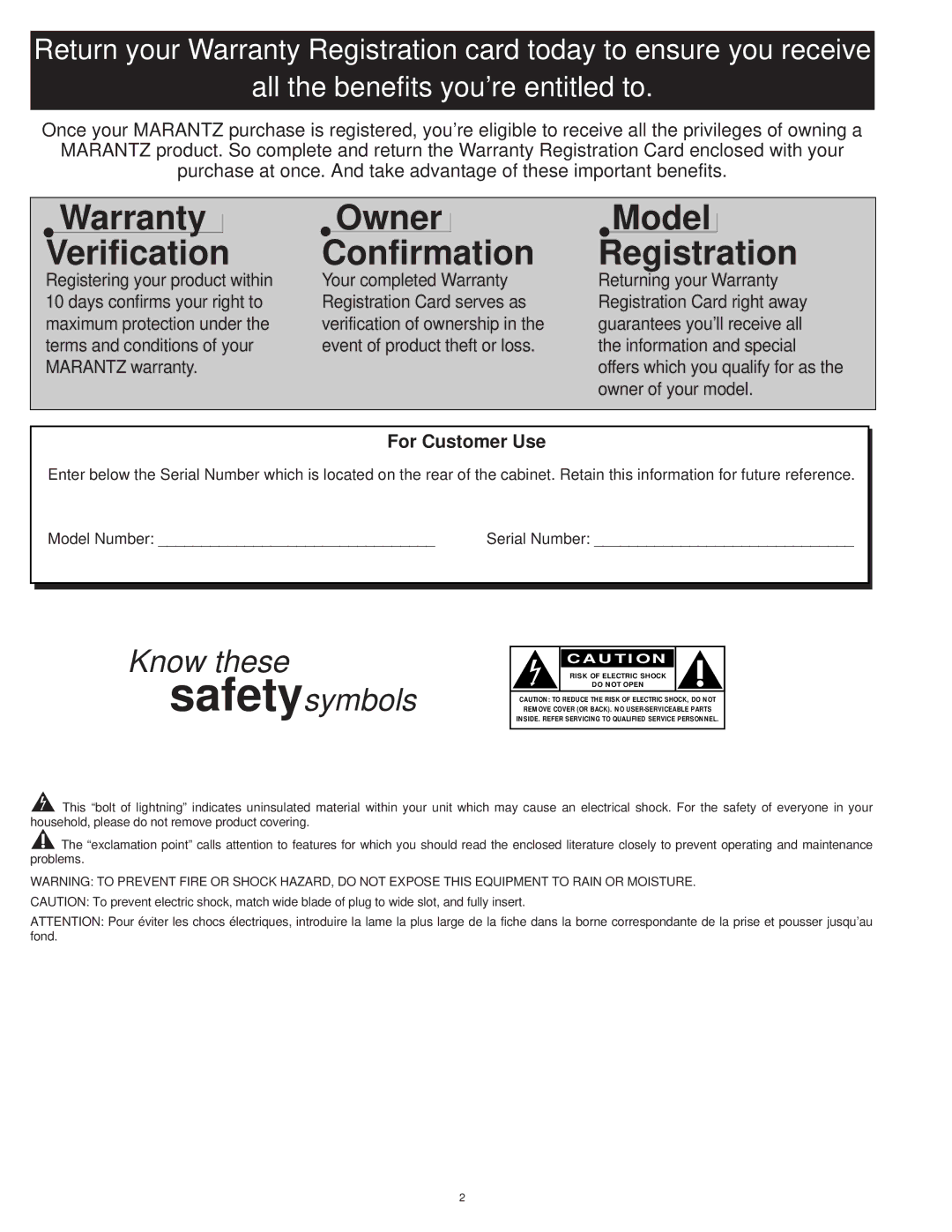 Marantz PV5580, PV6080 manual Warranty Verification 