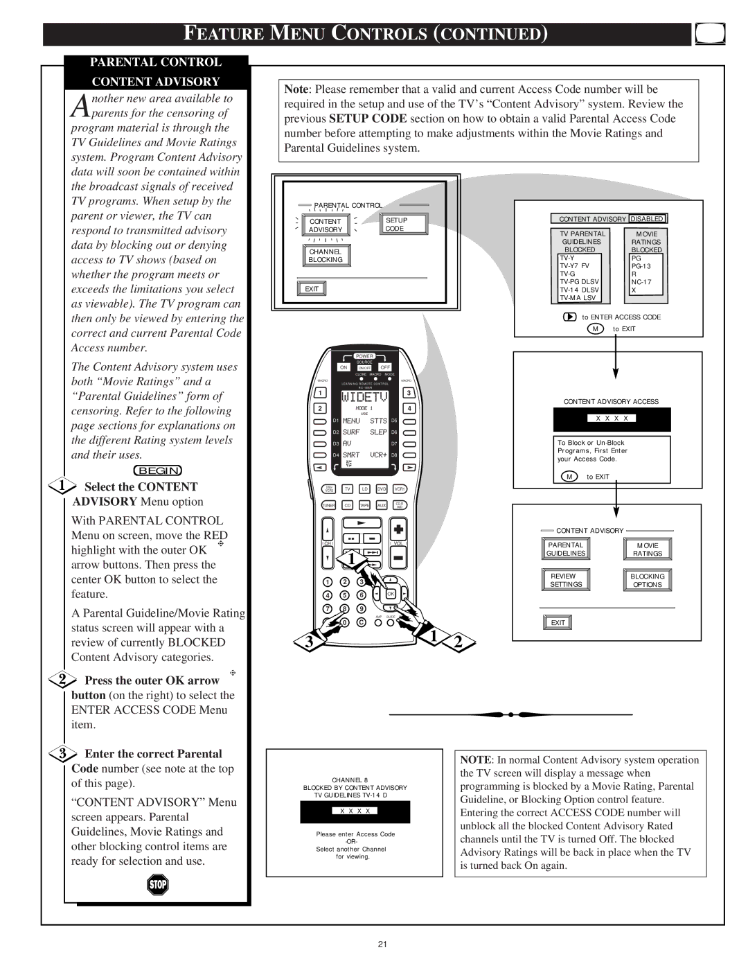 Marantz PV6080, PV5580 manual Parental Control Content Advisory, Select the Content 