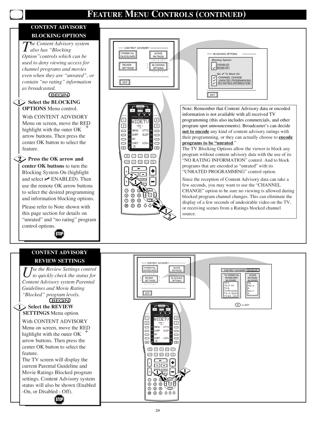 Marantz PV5580 Content Advisory Blocking Options, Select the Blocking, Content Advisory Review Settings, Select the Review 