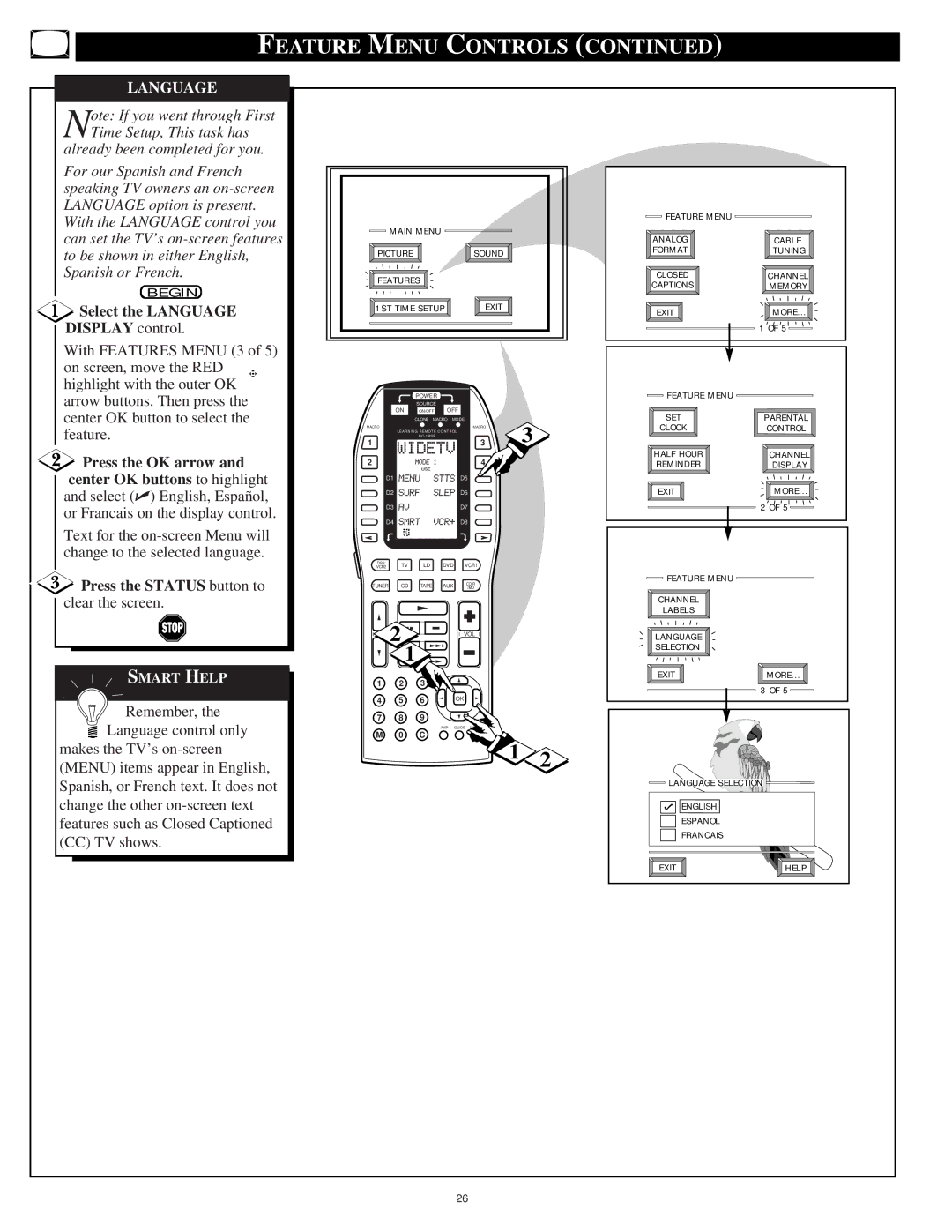 Marantz PV5580, PV6080 manual Select the Language Display control 