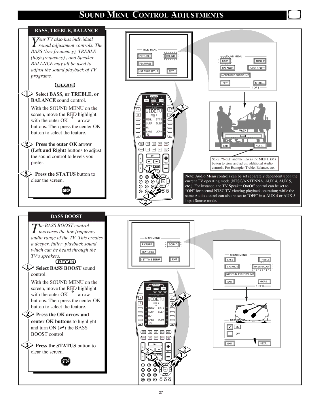 Marantz PV6080, PV5580 manual Sound Menu Control Adjustments, BASS, TREBLE, Balance, Bass Boost 