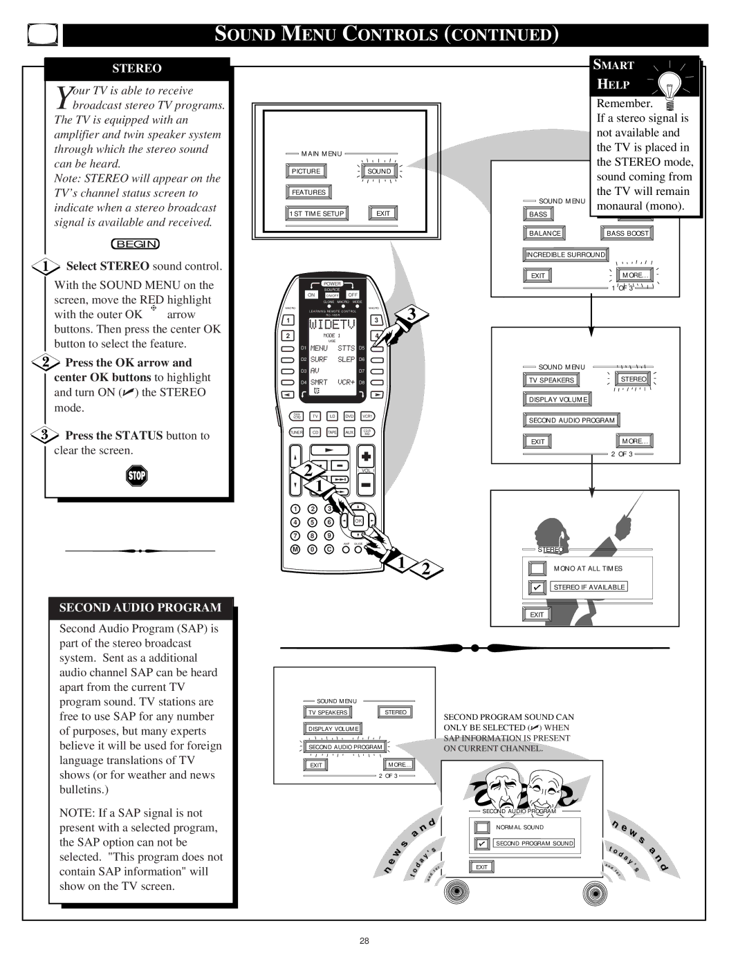 Marantz PV5580, PV6080 manual Sound Menu Controls, Select Stereo sound control, Second Audio Program 