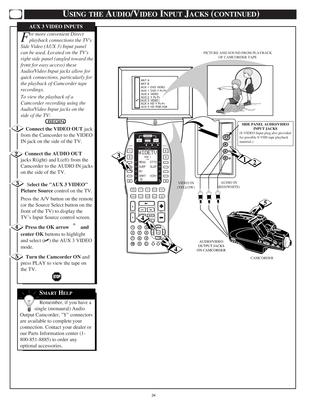 Marantz PV5580, PV6080 AUX 3 Video Inputs, Select the AUX 3 Video, Turn the Camcorder on, Press Play to view the tape on 