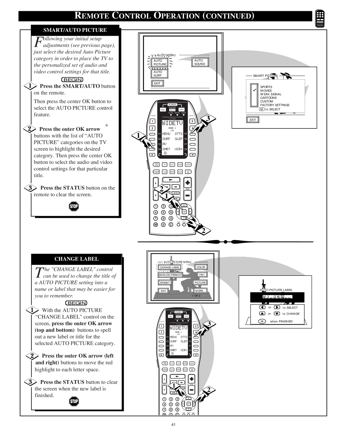 Marantz PV6080 manual Press the SMART/AUTO button on the remote, Press the Status button on the remote to clear the screen 