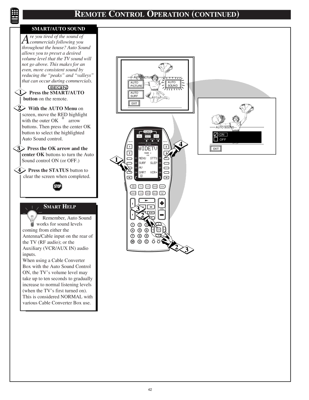 Marantz PV5580, PV6080 manual SMART/AUTO Sound, Press the SMART/AUTO, With the Auto Menu on screen, move the RED highlight 