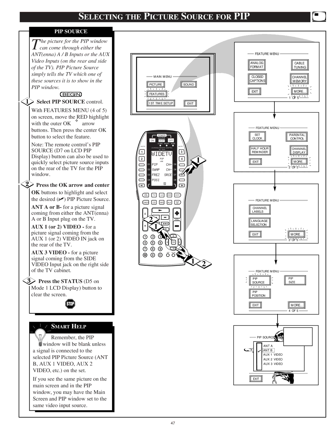 Marantz PV6080, PV5580 manual Selecting the Picture Source for PIP, Select PIP Source control, Press the Status D5 on 