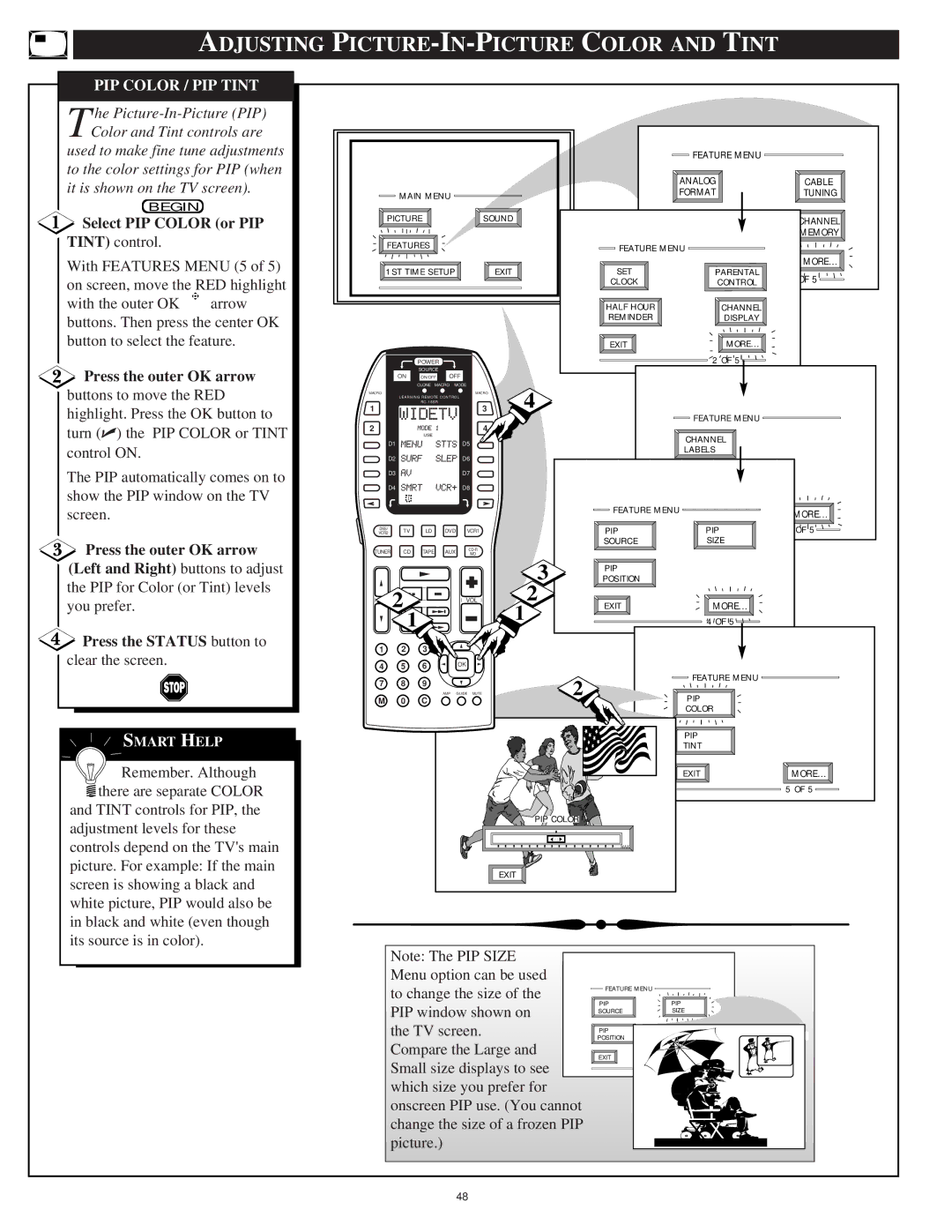 Marantz PV5580, PV6080 manual Adjusting PICTURE-IN-PICTURE Color and Tint, PIP Color / PIP Tint, Select PIP Color or PIP 