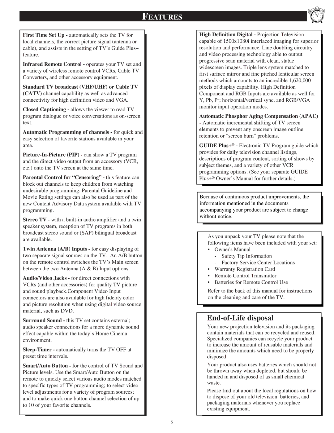 Marantz PV6080, PV5580 manual Features, Standard TV broadcast VHF/UHF or Cable TV 