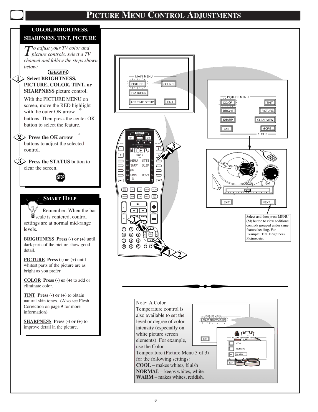 Marantz PV5580, PV6080 Picture Menu Control Adjustments, COLOR, Brightness SHARPNESS, TINT, Picture, Press the OK arrow 