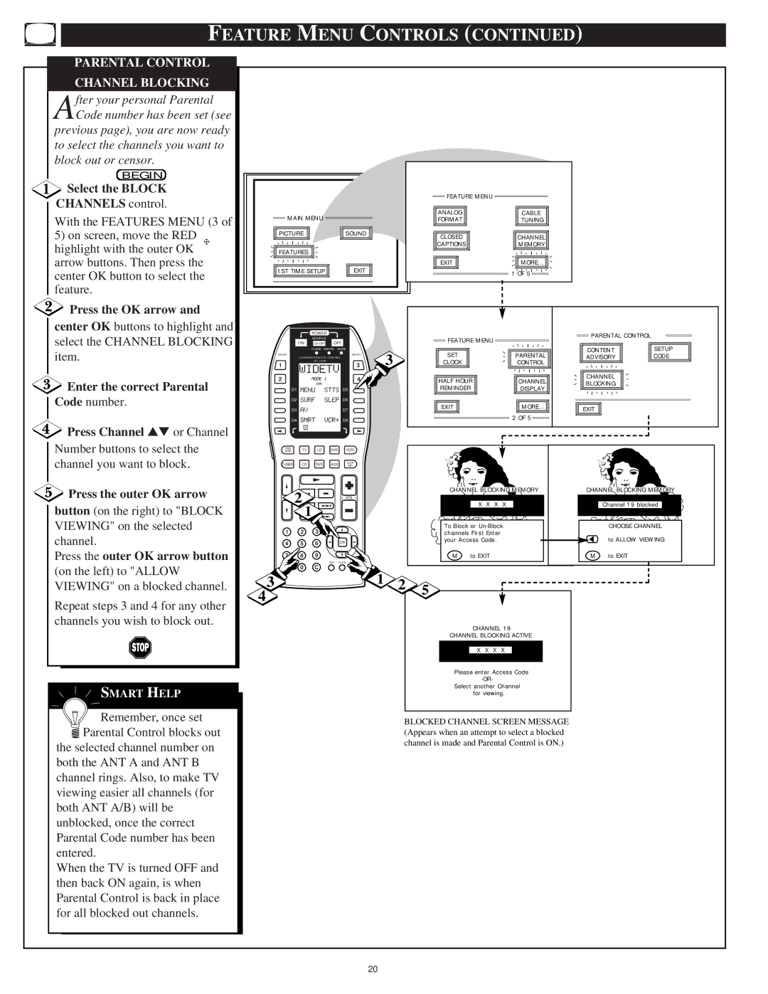 Marantz PV5580, PV6080 Parental Control Channel Blocking, Select the Block Channels control, Enter the correct Parental 