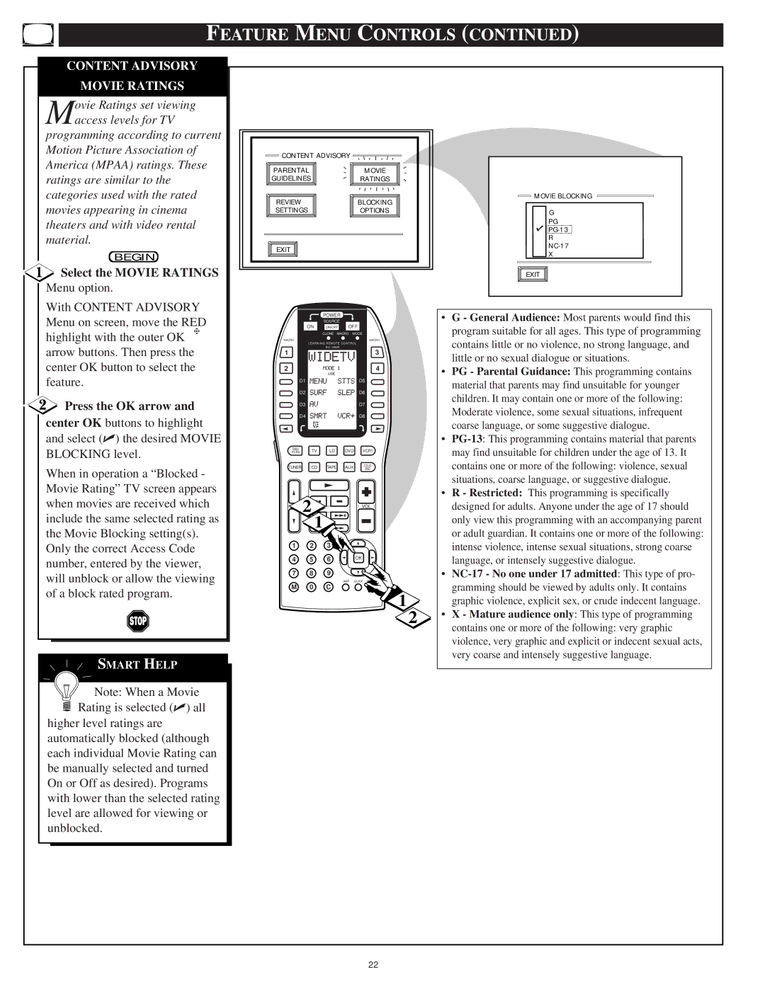 Marantz PV5580, PV6080 manual Content Advisory Movie Ratings, Select the Movie Ratings, Menu option 