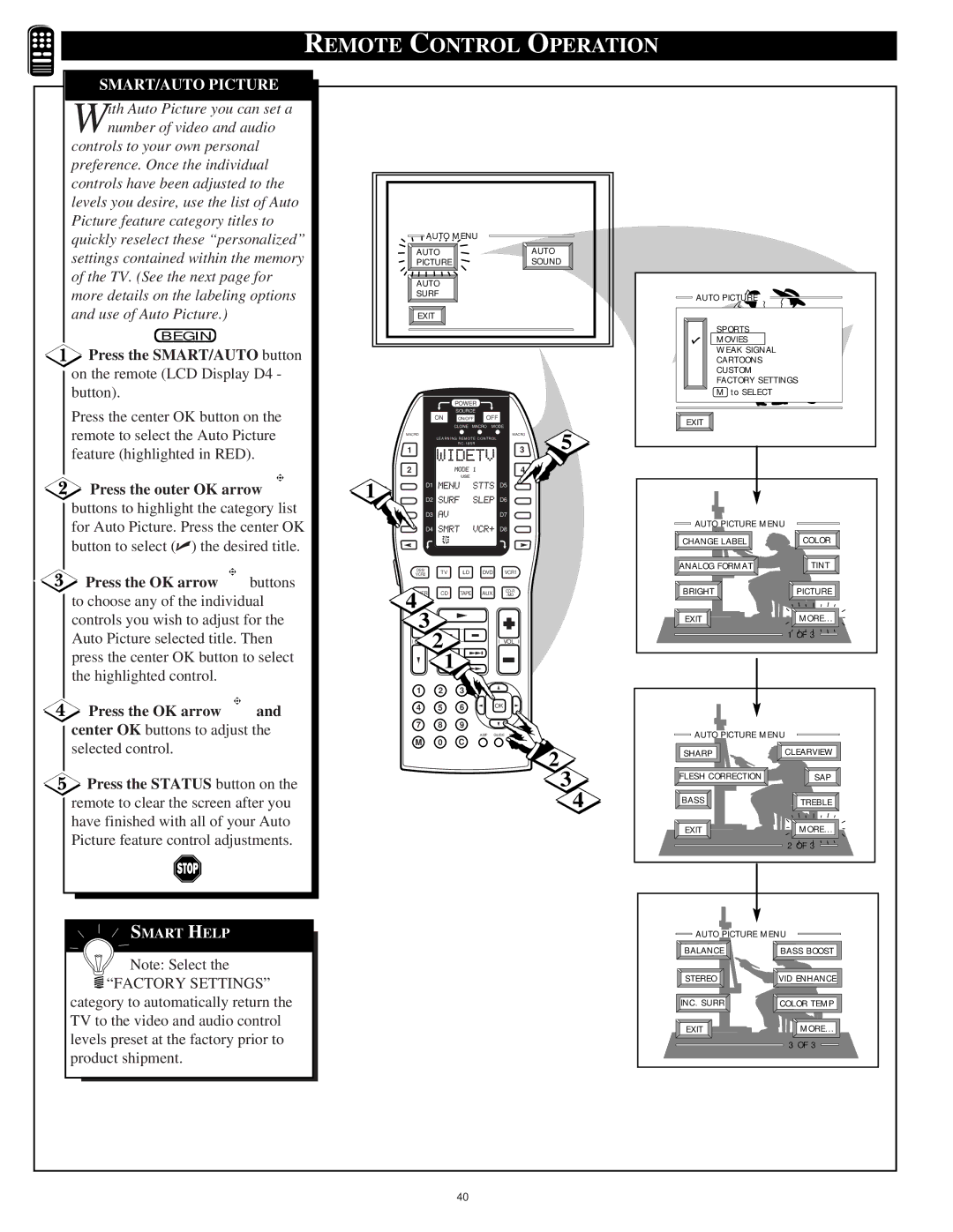 Marantz PV5580, PV6080 manual Remote Control Operation, SMART/AUTO Picture, Press the OK arrow buttons 