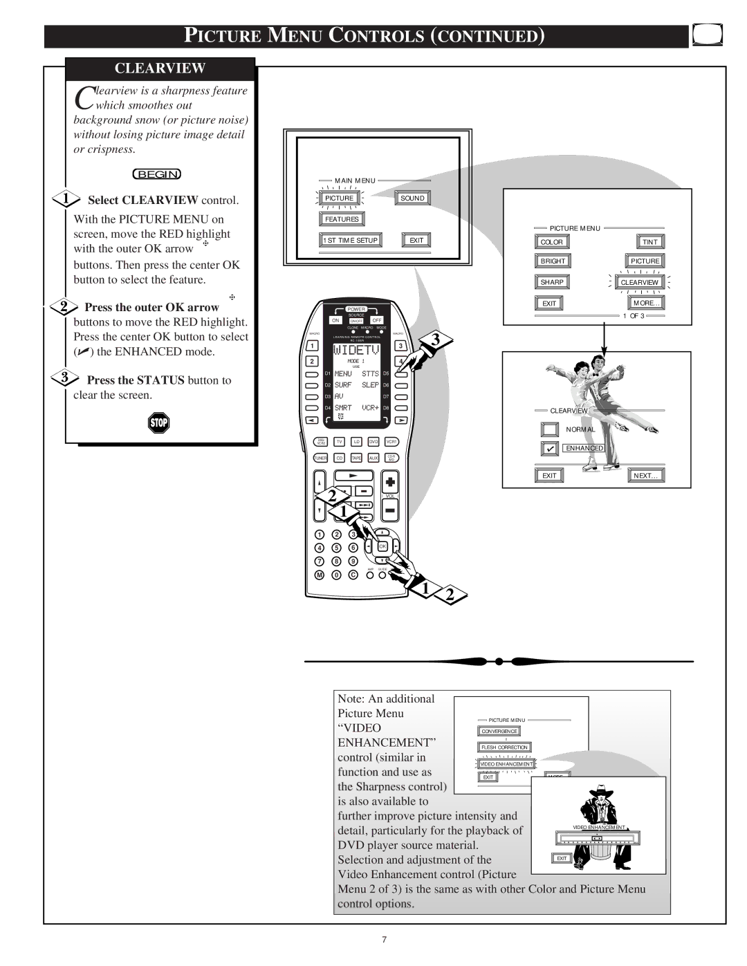 Marantz PV6080, PV5580 manual Picture Menu Controls, Select Clearview control, Press the outer OK arrow 