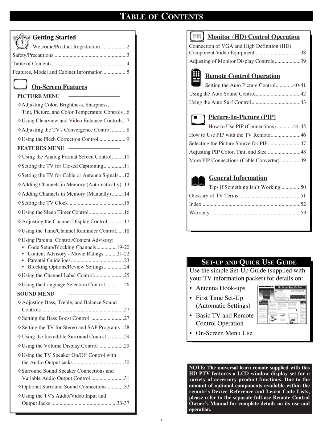 Marantz PV5580/PV6080 manual Table of Contents 