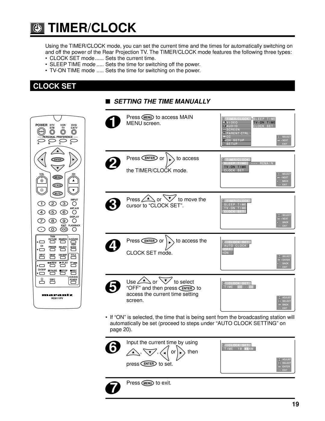 Marantz PV6111W manual Clock SET 