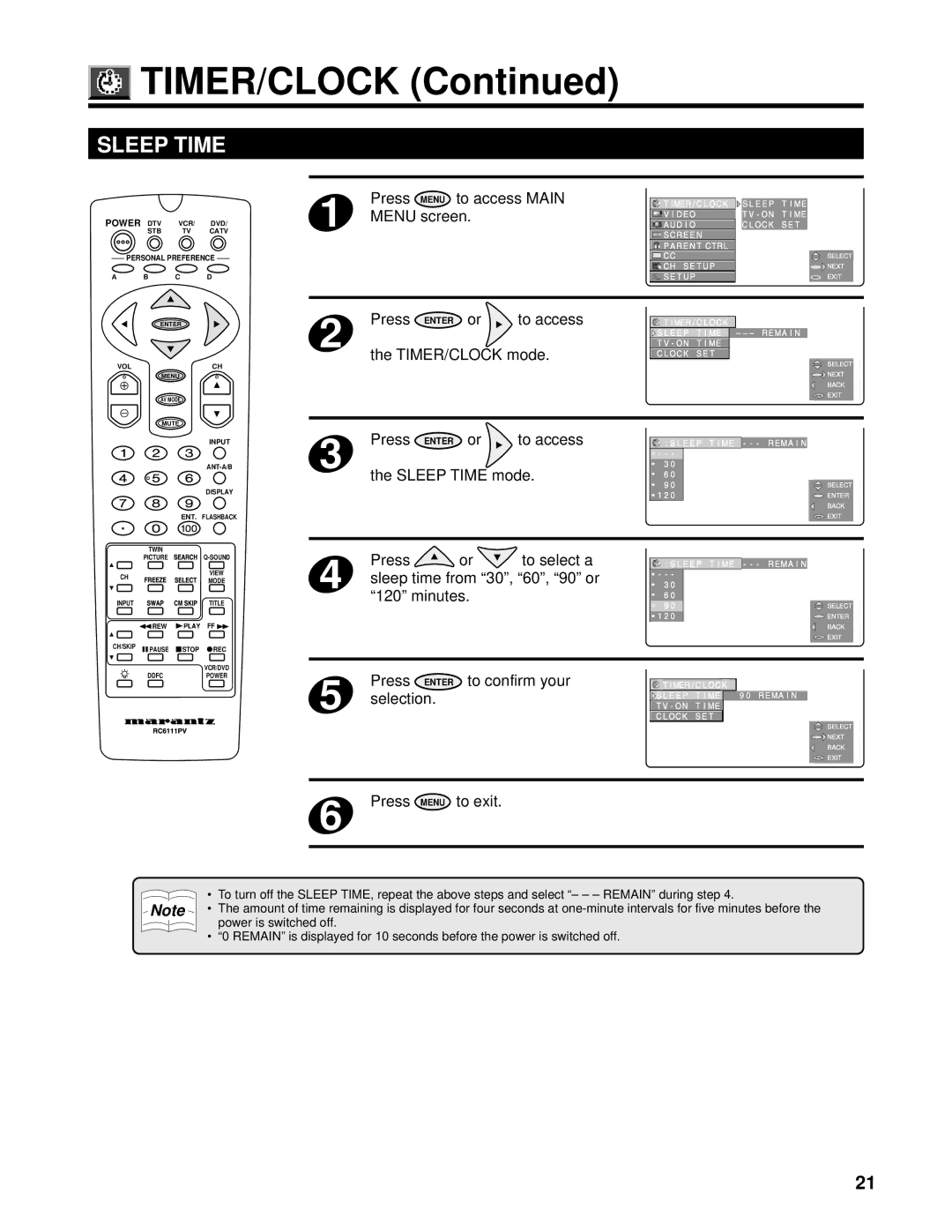 Marantz PV6111W manual Sleep Time 