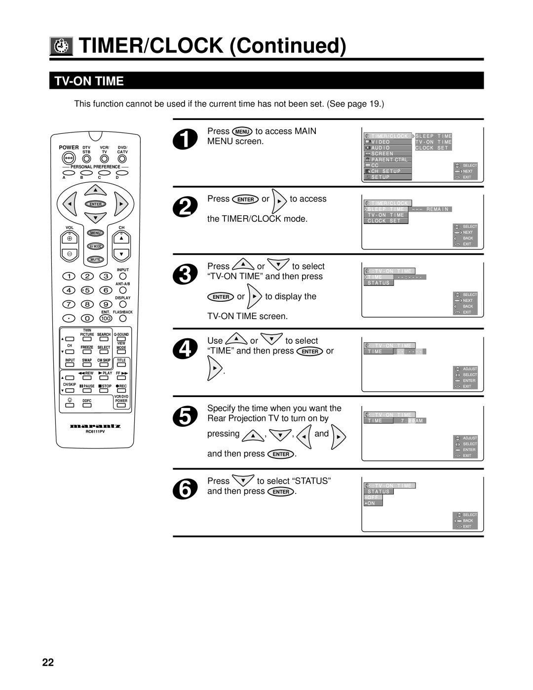 Marantz PV6111W manual TV-ON Time 