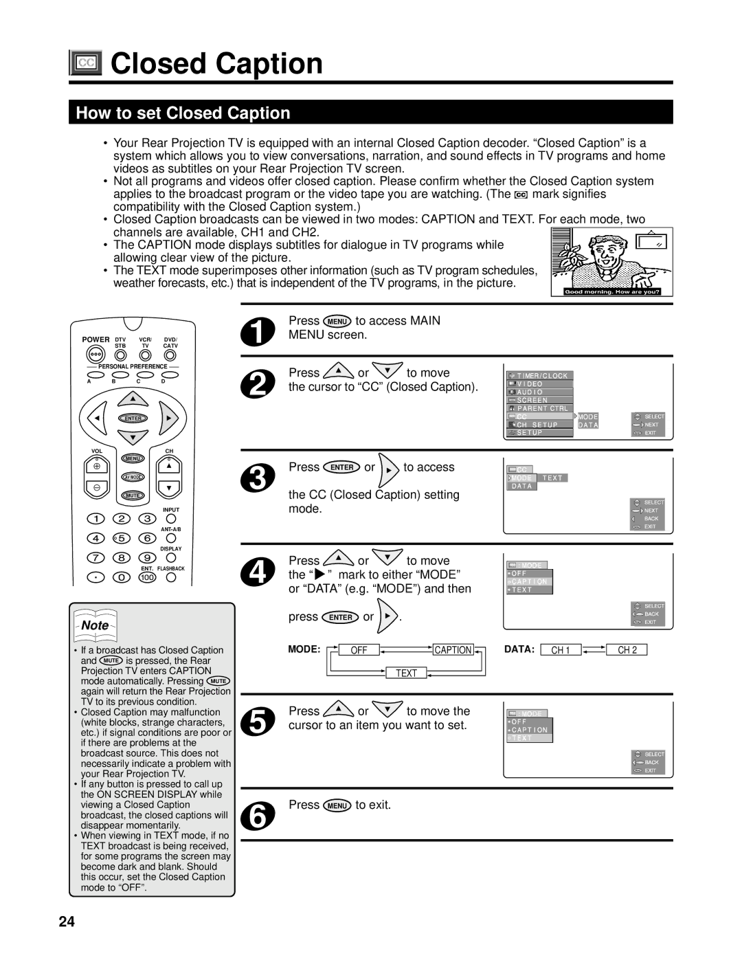 Marantz PV6111W manual How to set Closed Caption, Cursor to CC Closed Caption, Cursor to an item you want to set 