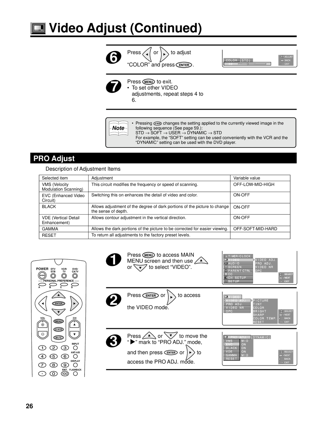 Marantz PV6111W manual PRO Adjust, Mark to PRO ADJ. mode, Then press Enter or, Access the PRO ADJ. mode 