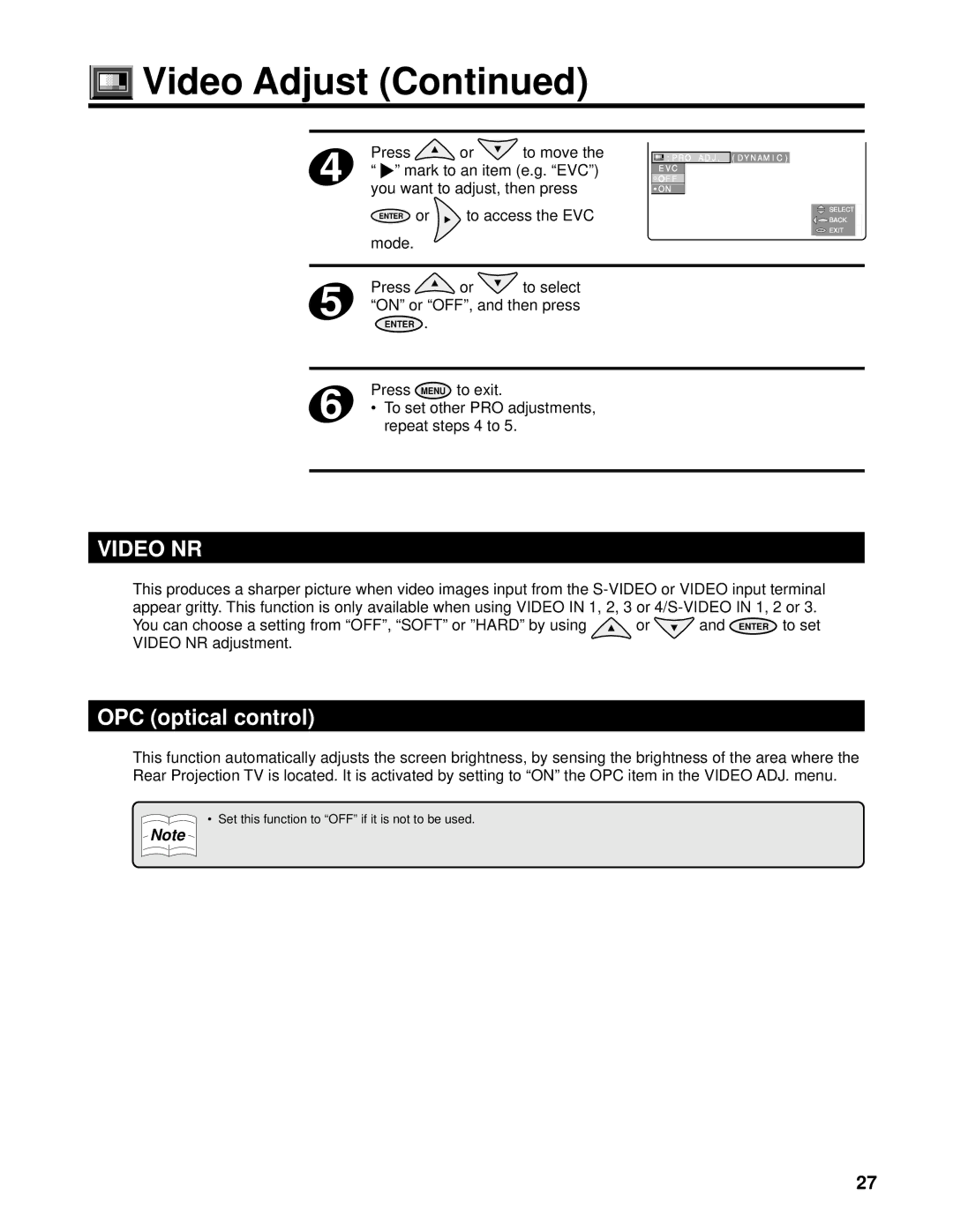 Marantz PV6111W Video NR, OPC optical control, Press or to select On or OFF, and then press, To set other PRO adjustments 