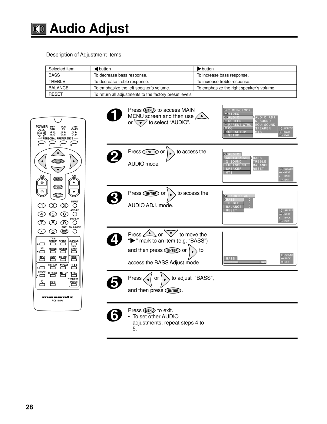 Marantz PV6111W manual Audio Adjust 