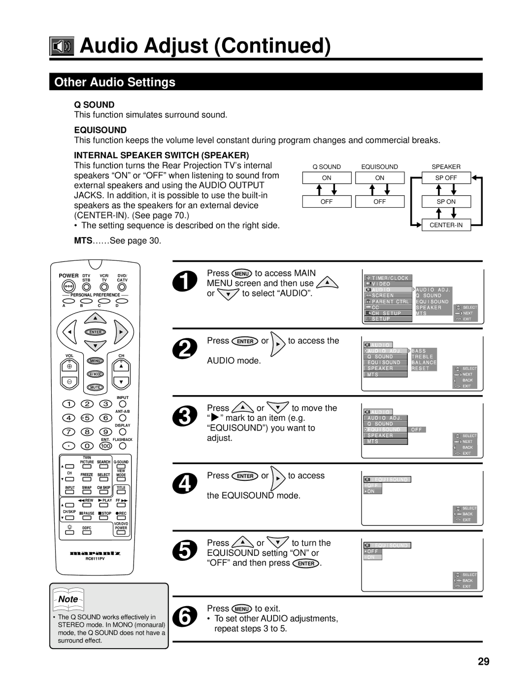 Marantz PV6111W manual Other Audio Settings, Mark to an item e.g, Equisound you want to, Adjust 