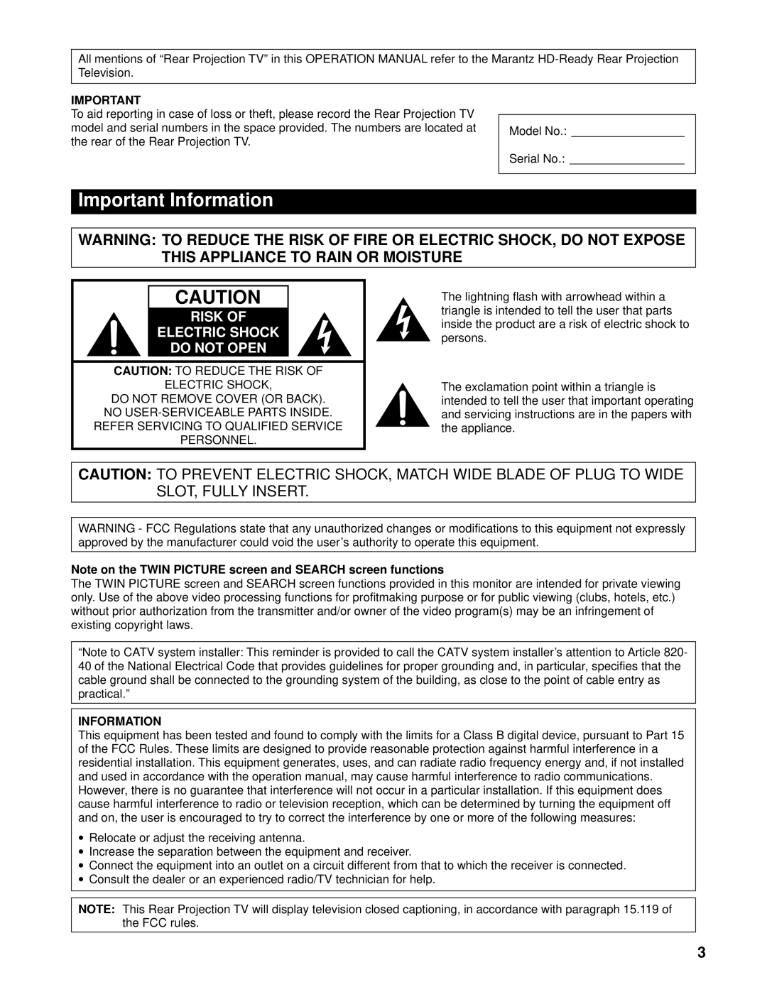 Marantz PV6111W manual Important Information 