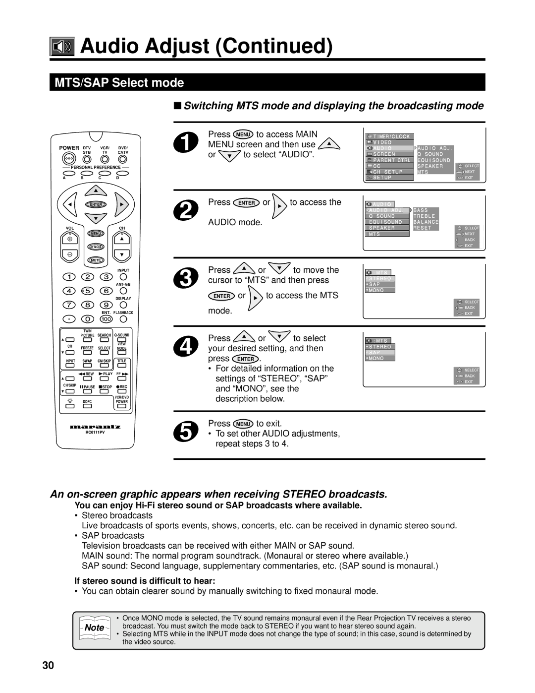 Marantz PV6111W manual MTS/SAP Select mode, Cursor to MTS and then press, To access the MTS, Mode 