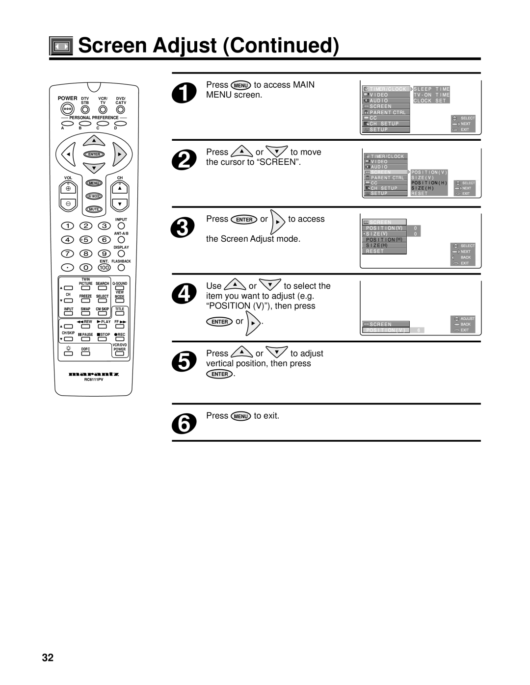 Marantz PV6111W manual Cursor to Screen, Press or to adjust Vertical position, then press 