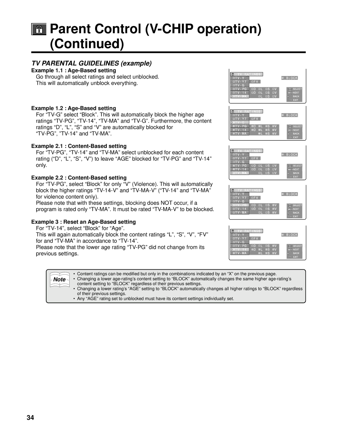 Marantz PV6111W manual Example 1.1 Age-Based setting, Example 1.2 Age-Based setting, Example 2.1 Content-Based setting 